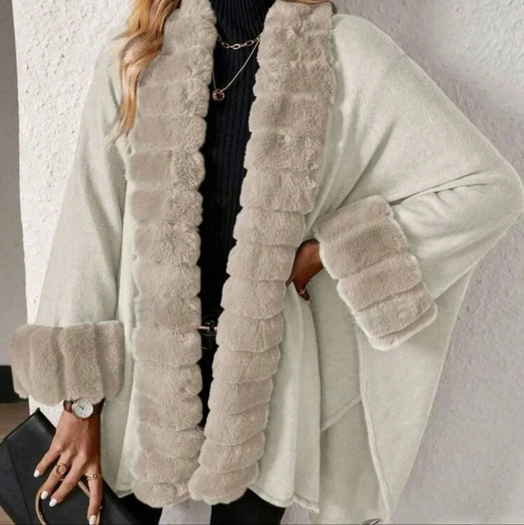 White cardigan with fluffy trim, dolman sleeves, chic, elegant, modern